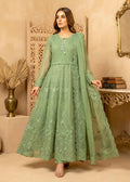 Sage Green Embroidered Chiffon Flared Maxi with Trousers & Dupatta