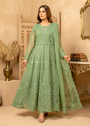Sage Green Embroidered Chiffon Flared Maxi with Trousers & Dupatta