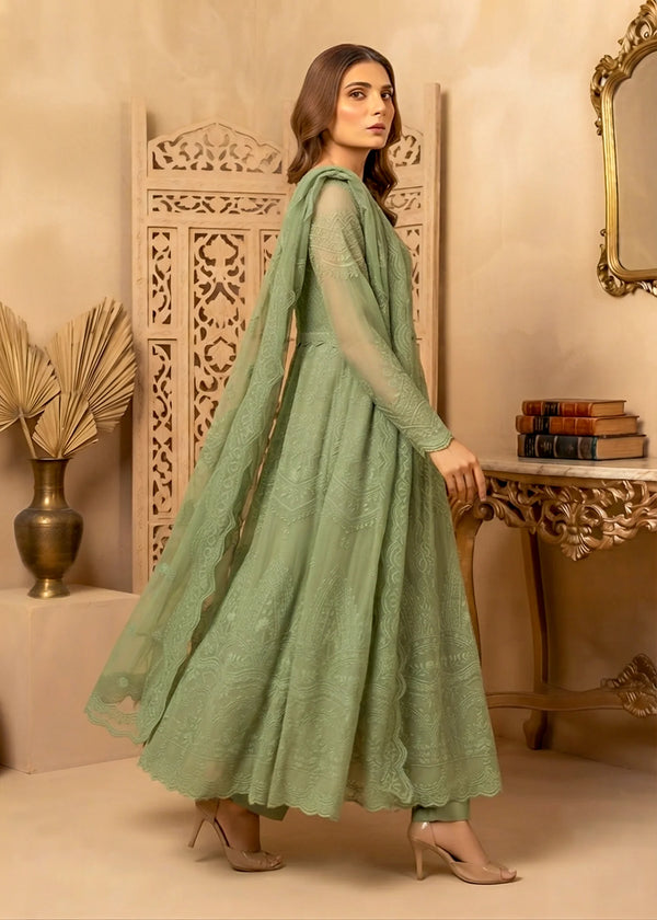 Sage Green Embroidered Chiffon Flared Maxi with Trousers & Dupatta