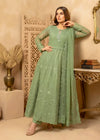 Sage Green Embroidered Chiffon Flared Maxi with Trousers & Dupatta