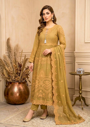 Olive Green Embroidered Flared Maxi with Trousers & Dupatta
