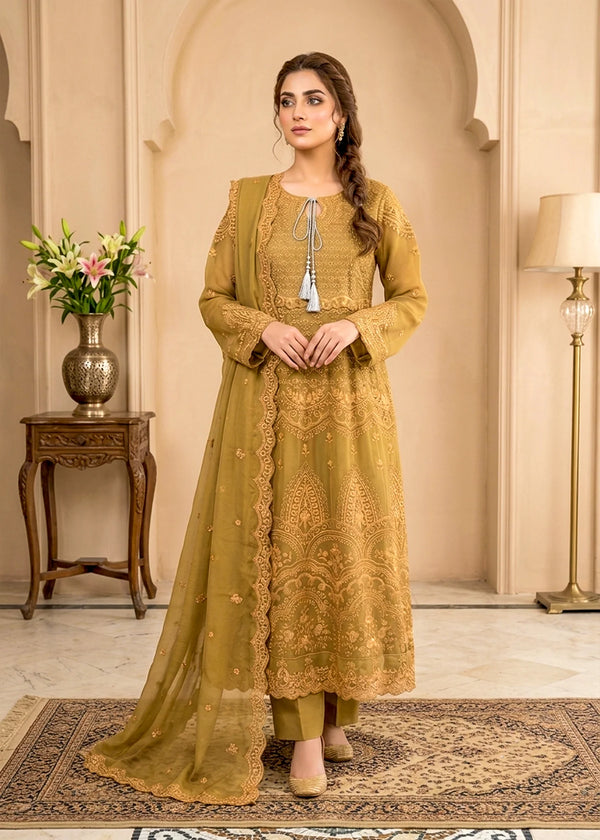 Olive Green Embroidered Flared Maxi with Trousers & Dupatta