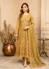 Olive Green Embroidered Flared Maxi with Trousers & Dupatta