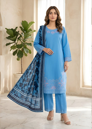 Steel Blue Embroidered Lawn 3-Piece Kurta Set