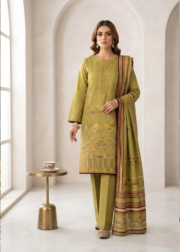 Embroidered Olive Green Lawn Kurta Set with Printed Dupatta