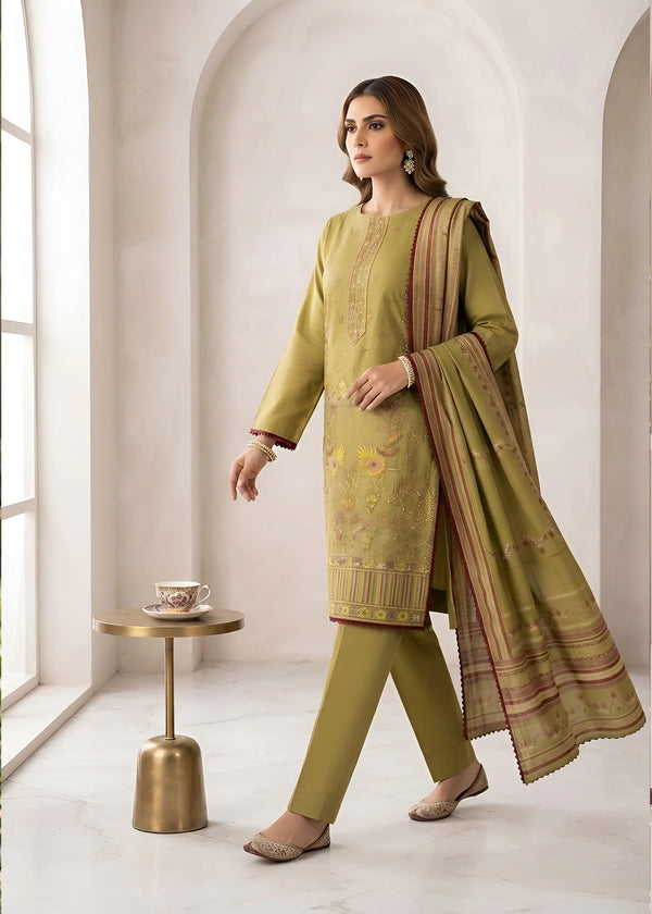 Embroidered Olive Green Lawn Kurta Set with Printed Dupatta