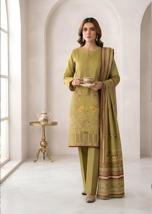 Embroidered Olive Green Lawn Kurta Set with Printed Dupatta