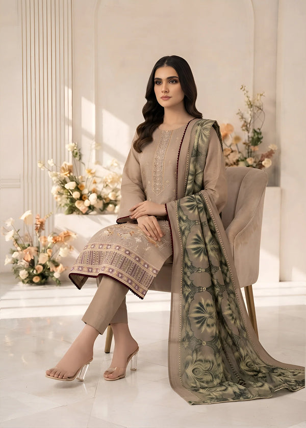 Elegant Beige cotton Embroidered Kurta Set with Printed Dupatta