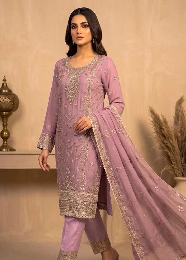 Lavender Embroidered Chiffon Kurta Set with Dupatta and Straight Trouser