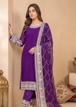 Elegant Purple Crepe Embroidered Kurta Set with Chiffon Dupatta