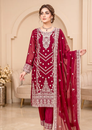 Elegant Maroon Embroidered Chiffon Kurta Set with Dupatta