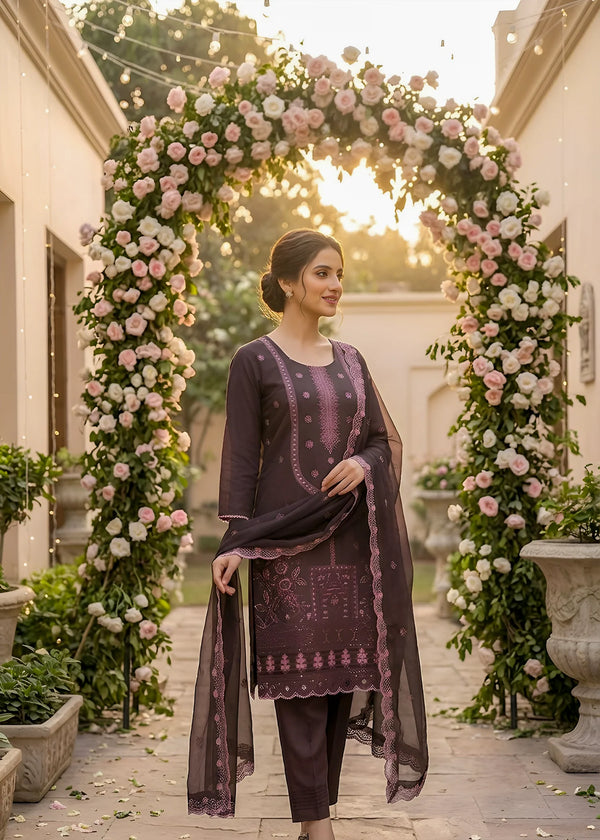 Plum Embroidered Kurta Set with Chiffon Dupatta