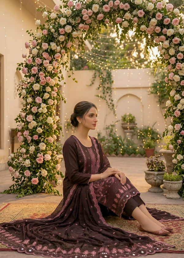 Plum Embroidered Kurta Set with Chiffon Dupatta