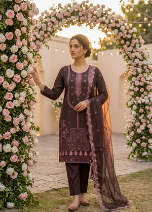 Plum Embroidered Kurta Set with Chiffon Dupatta