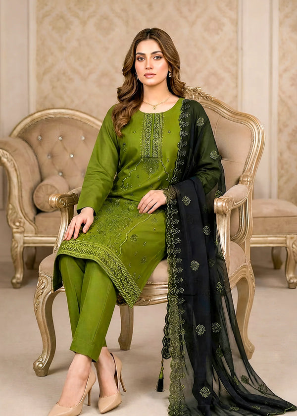 Elegant Olive Green Embroidered Kurta Set with Navy Blue Chiffon Dupatta