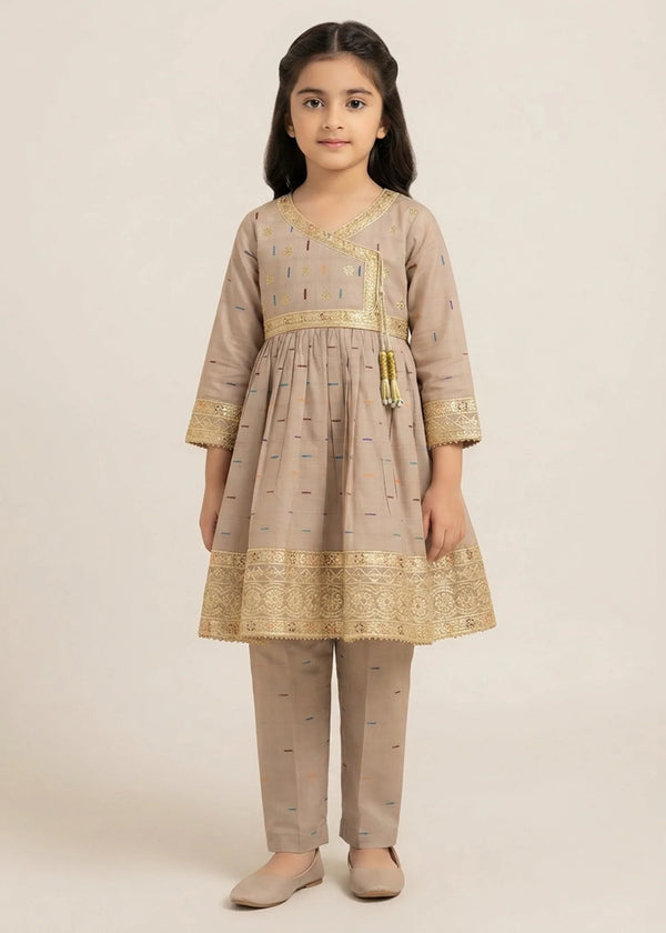 Girls Beige Angrakha Style Flared Short Frock with Trousers