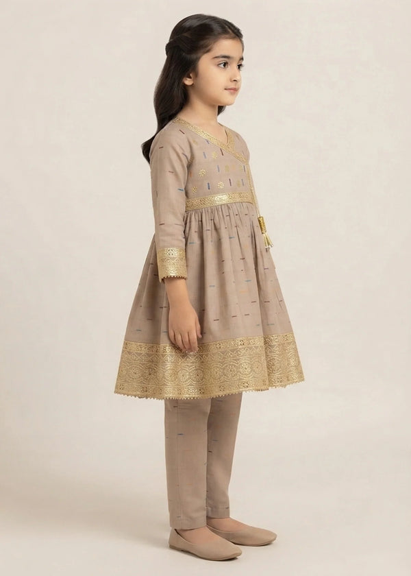 Girls Beige Angrakha Style Flared Short Frock with Trousers