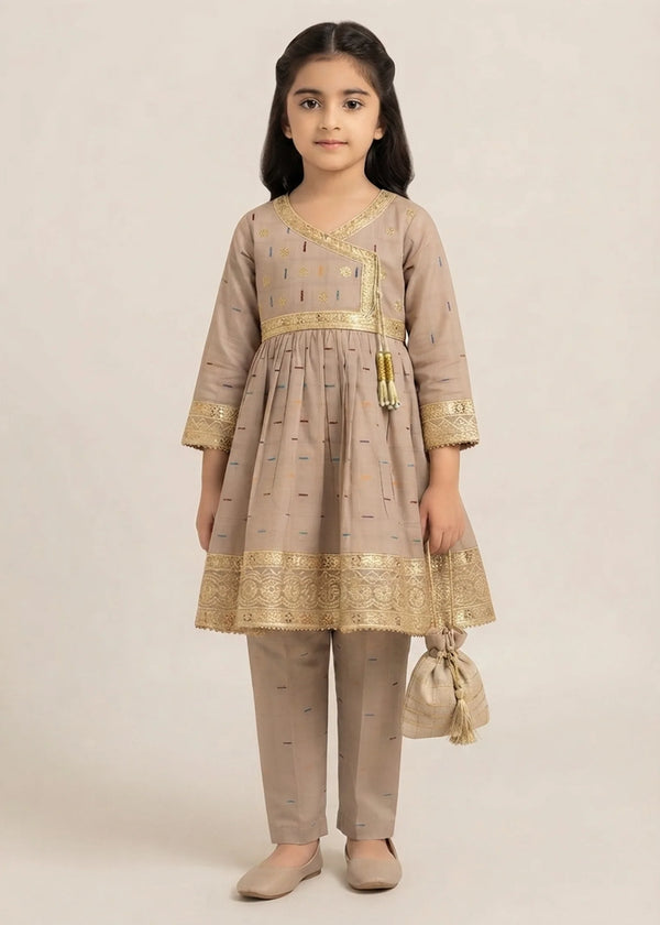 Girls Beige Angrakha Style Flared Short Frock with Trousers