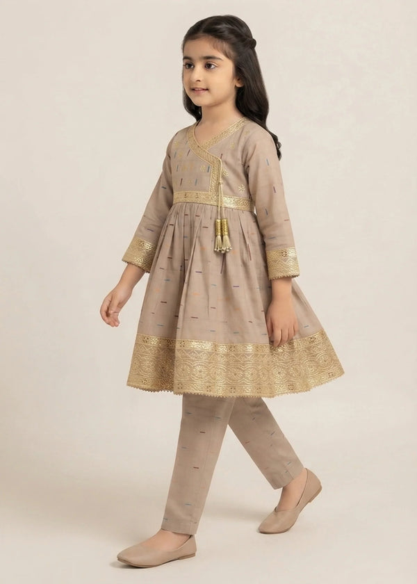 Girls Beige Angrakha Style Flared Short Frock with Trousers