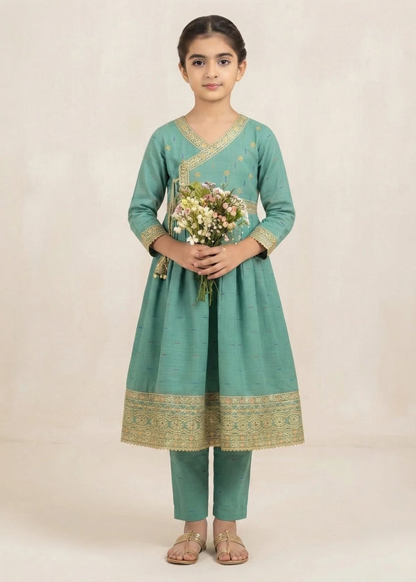 Charming Moss Green Embroidered Angrakhawith Trousers