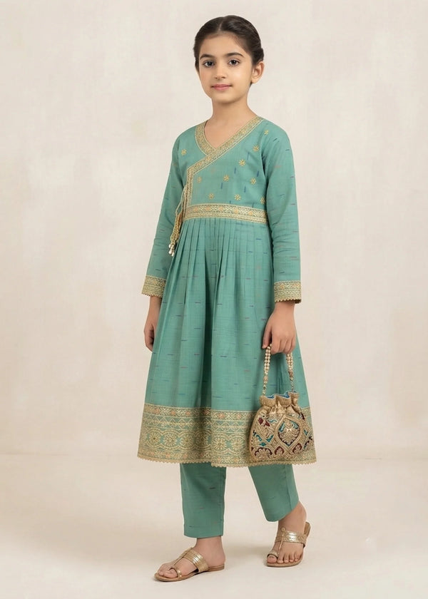 Charming Moss Green Embroidered Angrakhawith Trousers