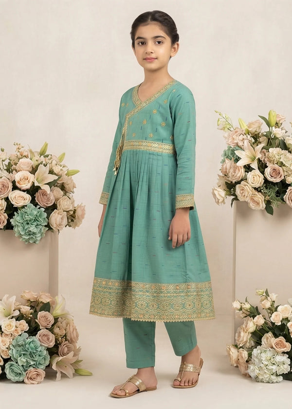 Charming Moss Green Embroidered Angrakhawith Trousers