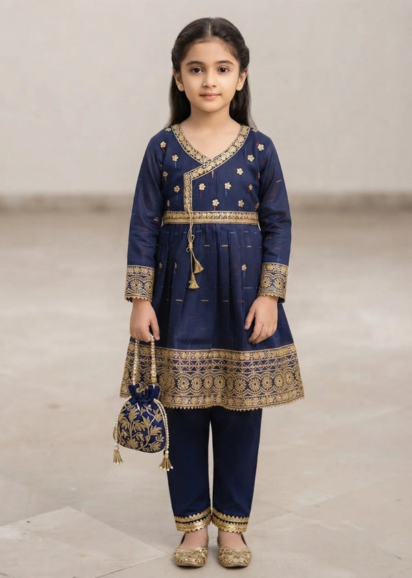 Girls Navy Blue Embroidered Angrathawith Trousers