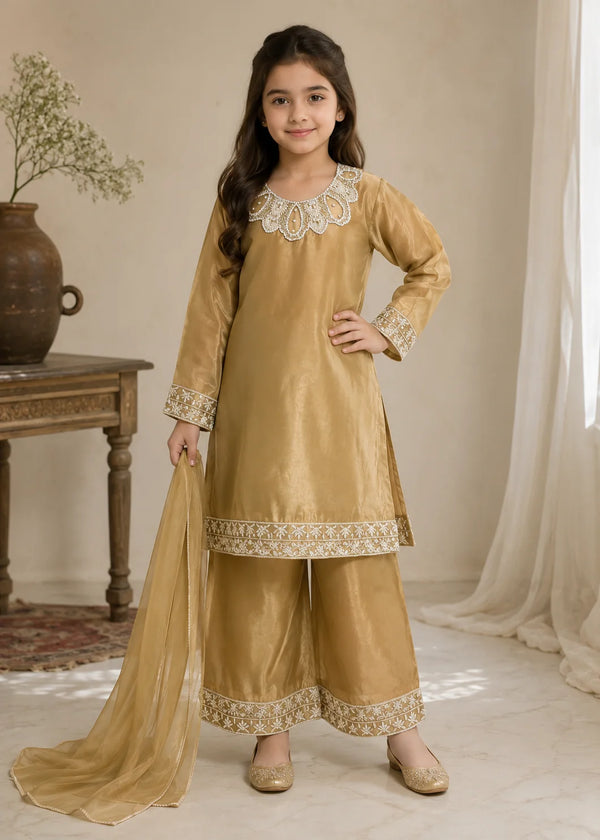 Kids Golden Brown Raw Silk Embroidered Kurta Set with Dupatta