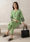Lime Green Cotton Kurta Set with Striped Sleeves