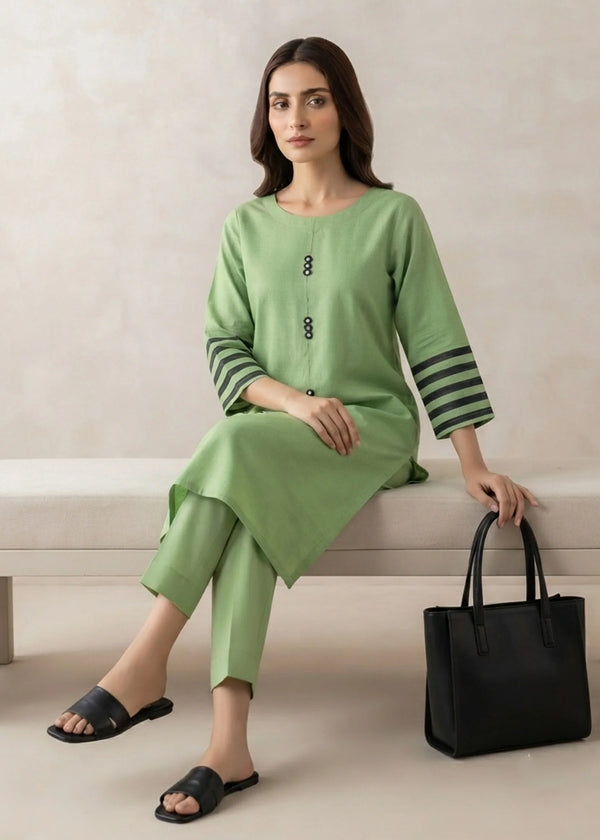 Lime Green Cotton Kurta Set with Striped Sleeves