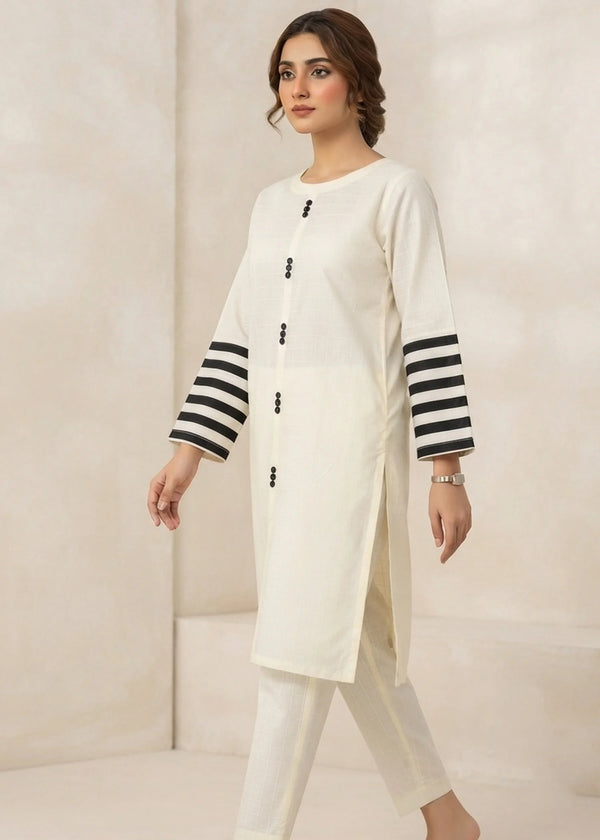 Stylish Off White Cotton Kurta Set with Striped Sleeves