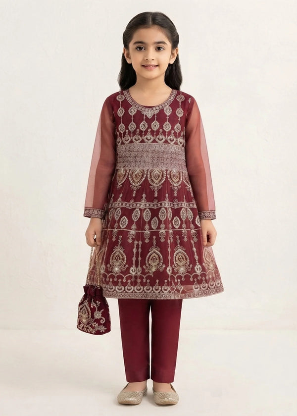 Girls Maroon Embroidered Flared Short Frock with Trousers