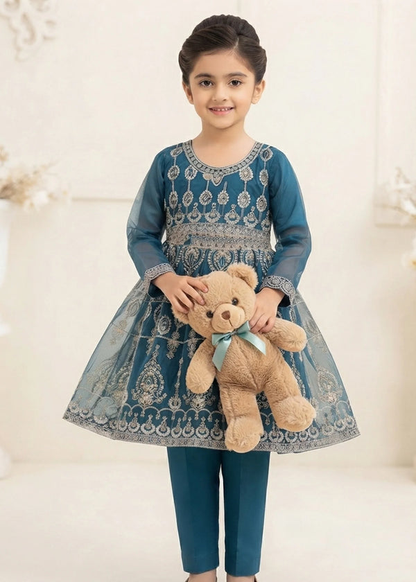 Embroidered Navy Blue Flared Short Frock with Straight Trousers