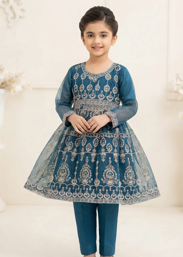 Embroidered Navy Blue Flared Short Frock with Straight Trousers