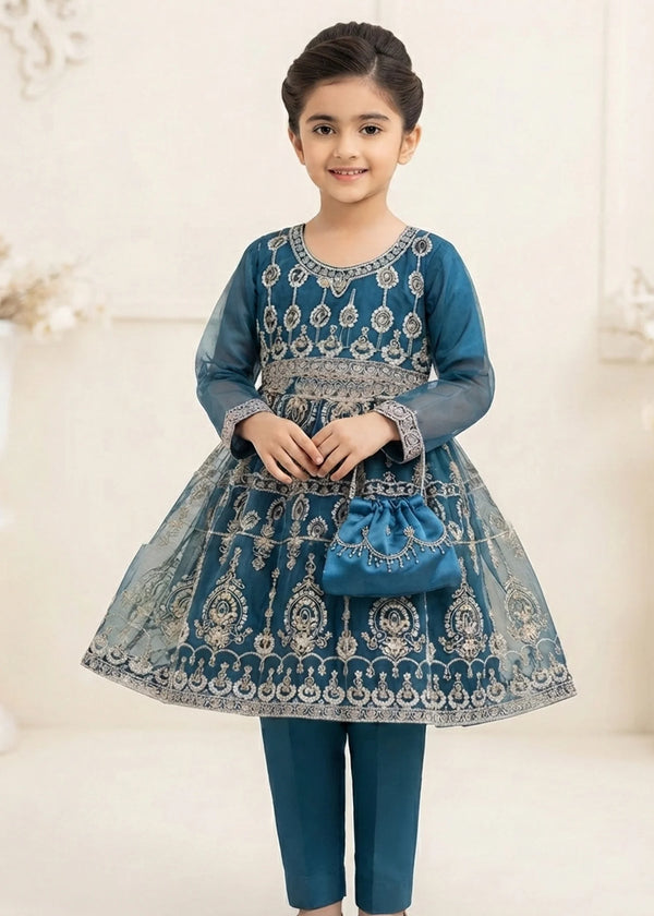 Embroidered Navy Blue Flared Short Frock with Straight Trousers