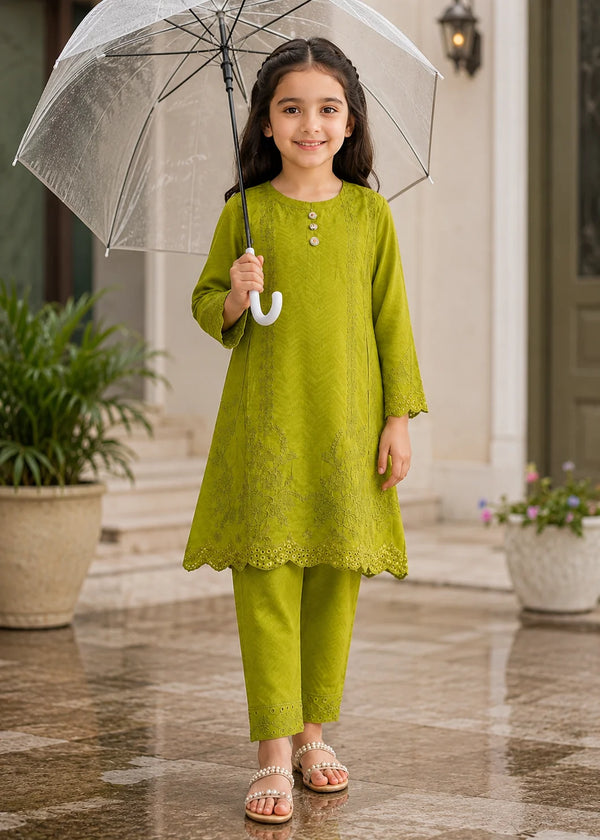 Charming Lime Green Embroidered Kurta Set with Trousers for Girls