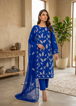 Royal Blue Embroidered Lawn Kurta Set with Chiffon Dupatta