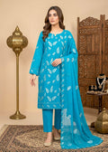 Embroidered Turquoise Lawn Kurta Set with Chiffon Dupatta