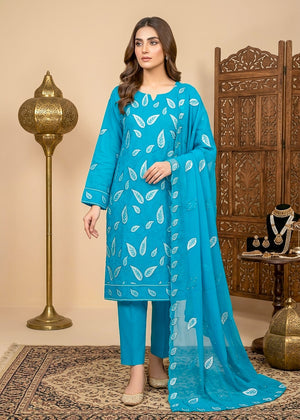 Embroidered Turquoise Lawn Kurta Set with Chiffon Dupatta
