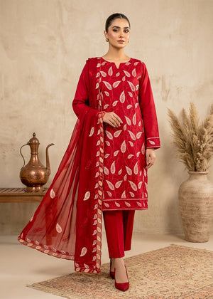 Red Embroidered Cotton Kurta Set with Chiffon Dupatta
