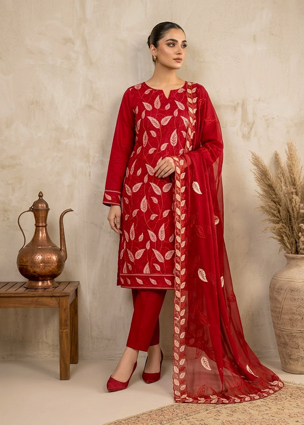Red Embroidered Cotton Kurta Set with Chiffon Dupatta