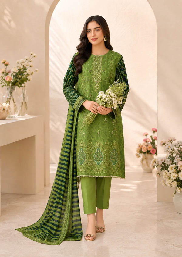 Lawn Green Embroidered Kurta Set with Printed Dupatta