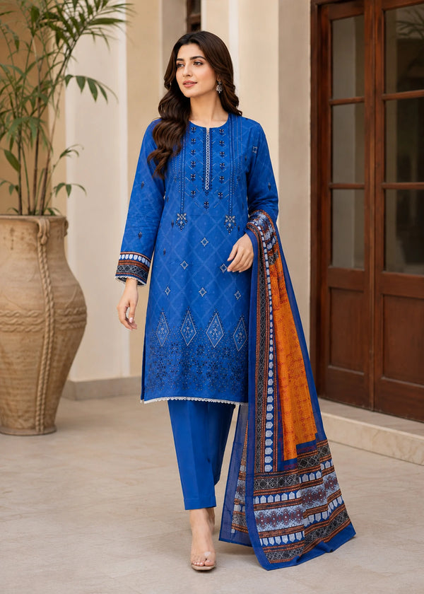 Vibrant Royal Blue Printed Lawn Kurta Set with Dupatta
