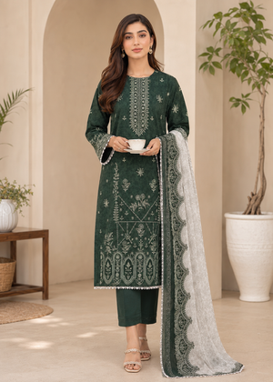 Dark Green Embroidered Lawn Kurta Set with Dupatta