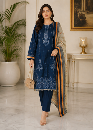 Navy Blue Embroidered Kurta Set with Printed Dupatta