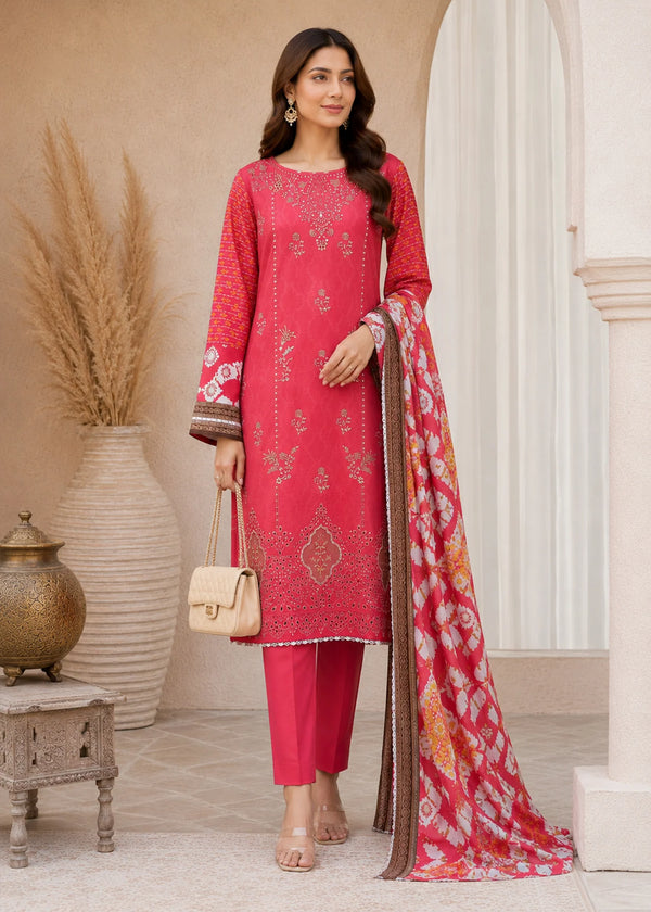Crimson Embroidered Lawn Kurta Set with Printed Dupatta