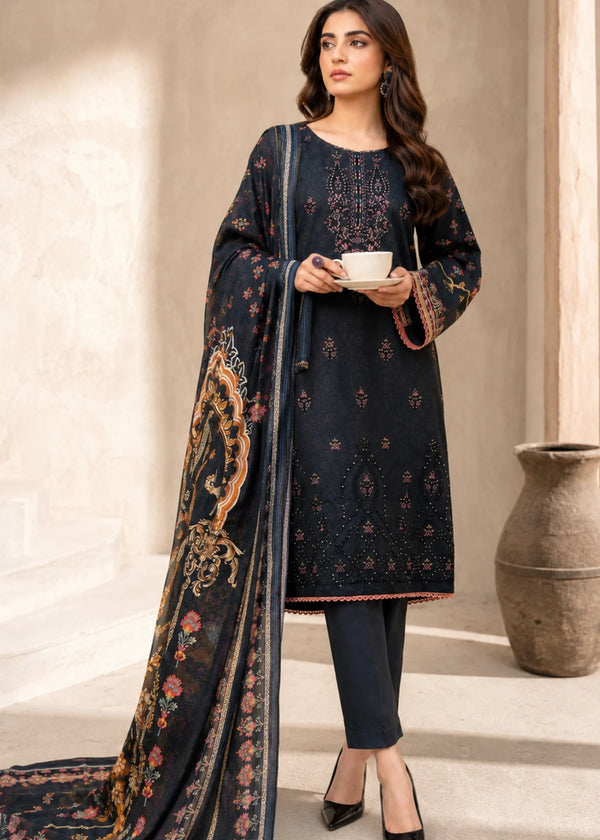Navy Blue Embroidered Lawn Kurta Set with Printed Chiffon Dupatta