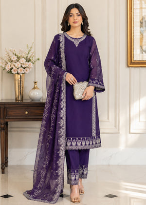 Elegant Purple Embroidered Chin ffoKurta Set with Chiffon Dupatta