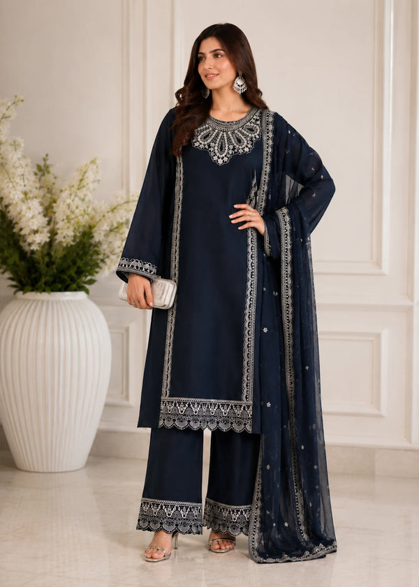 Embroidered Navy Blue Crepe Kurta Set with Chiffon Dupatta