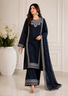 Embroidered Navy Blue Crepe Kurta Set with Chiffon Dupatta